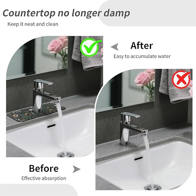 Kitchen Sink Splash Guard，Dark-green black flowers Faucet Mat Sink Gadgets-Super Absorbent Fast Drying Mat Drip Catcher for Kitchen, Bathroom,Sink Mat, Dish Drying Mat, Bathroom(15" X 5.5" )