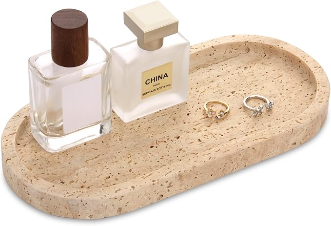 Oval Marble Bathroom Vanity Tray, Natural Luxury Marble Home Kitchen Bathroom Table Tray, Stone Decorative Countertop Serving Trays for Coffee Perfume Jewelry Makeup (Travertine, 10 * 5 * 0.6)