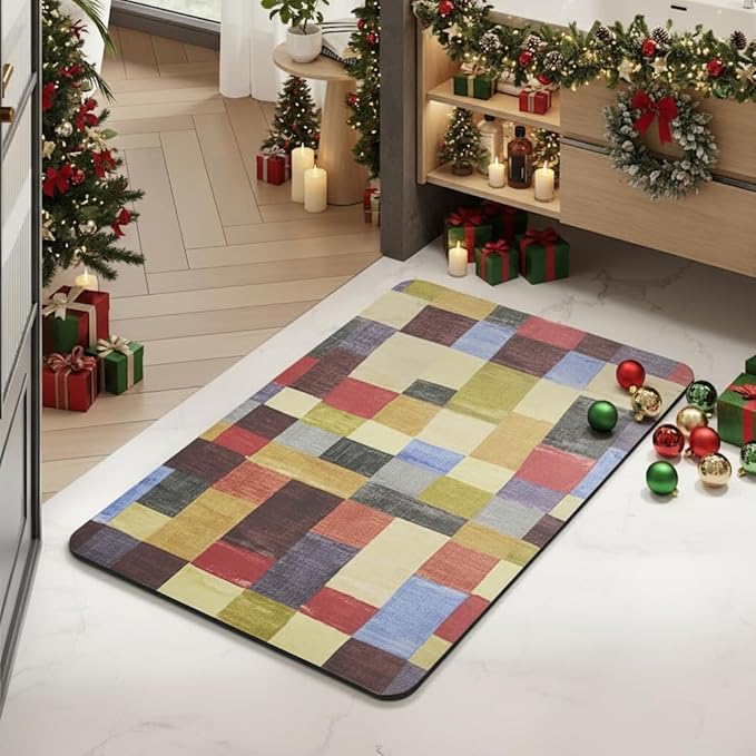 MontVoo -Bath Mat-Non Slip Thin Bathroom Rugs Fit Under Door- Quick Dry Absorbent Faux Suede Surface Grey Bathroom Floor Mats-Shower Rug for in Front of Bathtub Shower Retro Colors Plaid 17x27.5