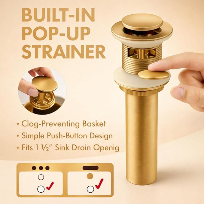 Single Hole Bathroom Faucet， Brushed Gold Brass Faucet for Bathroom Sink, CUPC Hose, Pop-Up Drain & Anti-Splash Bubbler， Easy-Install for Farmhouse, RV & Vanity
