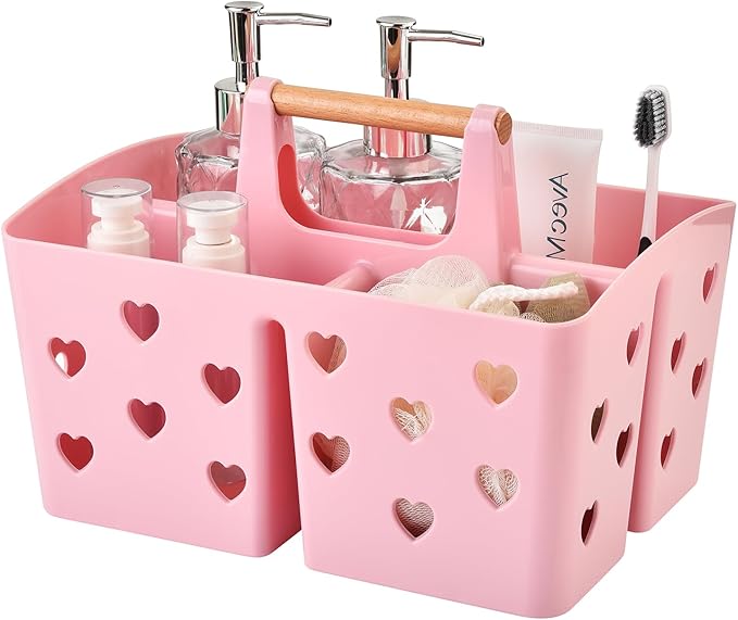 Pink Portable Shower Caddy with Handle, Large Plastic Shower Basket Organizer for College Dorm Room Essentials, Bathroom, Gym, Camping, Non-Slip Drainage Design for Toiletries & Cleaning Supplies