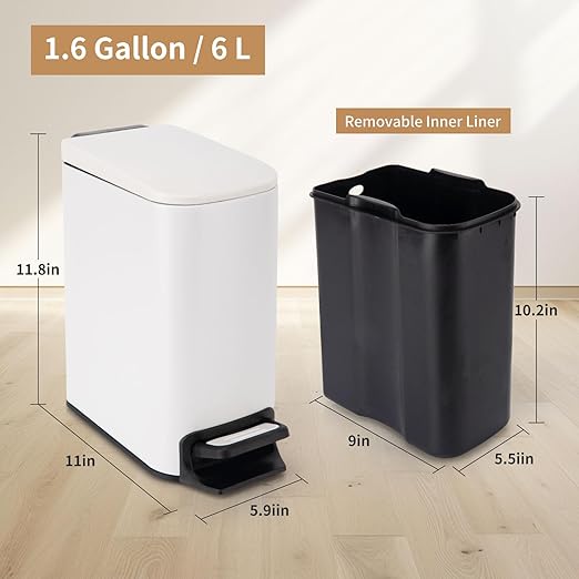 Slim Bathroom Trash Can with Soft Close Lid, Step Pedal, Removable Inner Bucket, Small Trash Can,6 Liter / 1.6 Gallon, Fingerprint-Resistant Small Garbage Bin for Bedroom, Office, Kitchen (White)