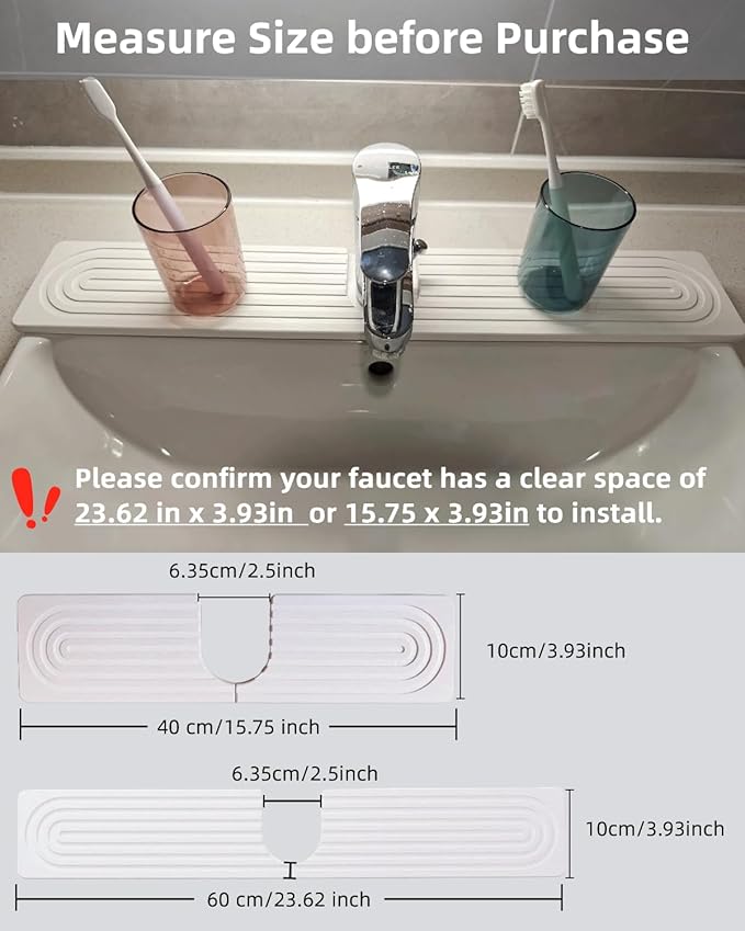 24 Inch Stone Faucet Mat for Kitchen Sink, Diatomite Fast Drying Mat for Kitchen Counter, Water Absorbent Faucet Sink Splash Guard with Raised Feet, Bathroom Counter Protector (White, 23.62"x3.93")