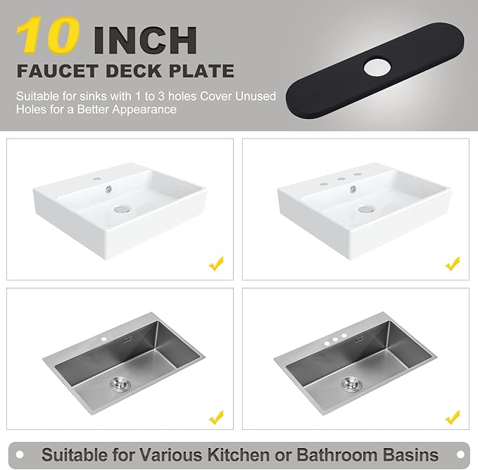 10" Sink Faucet Hole Cover Deck Plate (Arc Edge) for Kitchen & Bathroom Vanity Sink, Faucet Black Escutcheon Plate Stainless Steel Outside Faucet Cover Cap for 1 or 3 Hole Mixer Tap