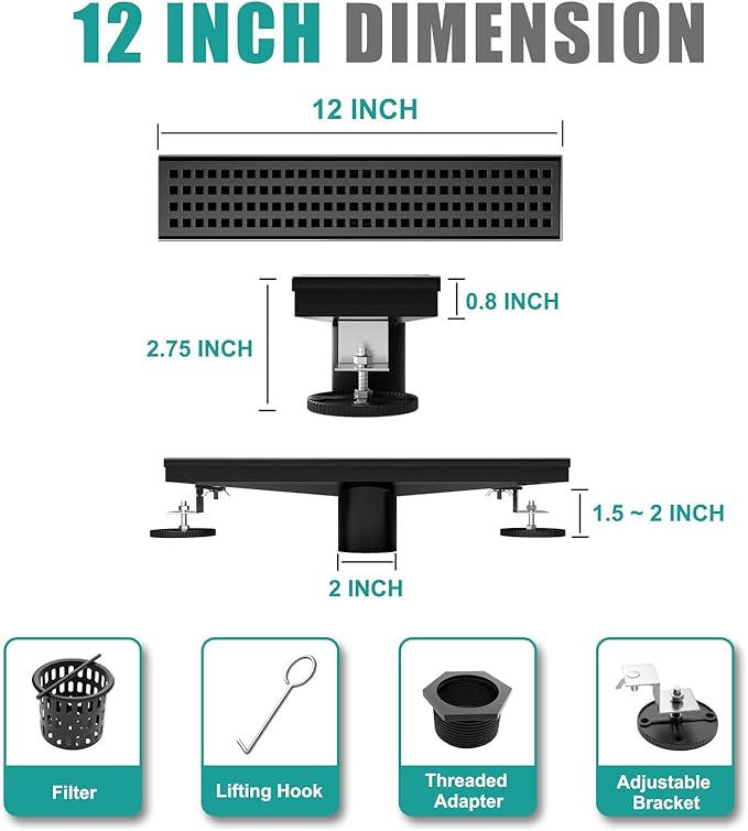 Linear Shower Drain 12 Inch Rectangular Floor Drain with Removable Square Hole Cover and Hair Catcher, Long Shower Drains 304 Stainless Steel CUPC Certified (Matte Black)