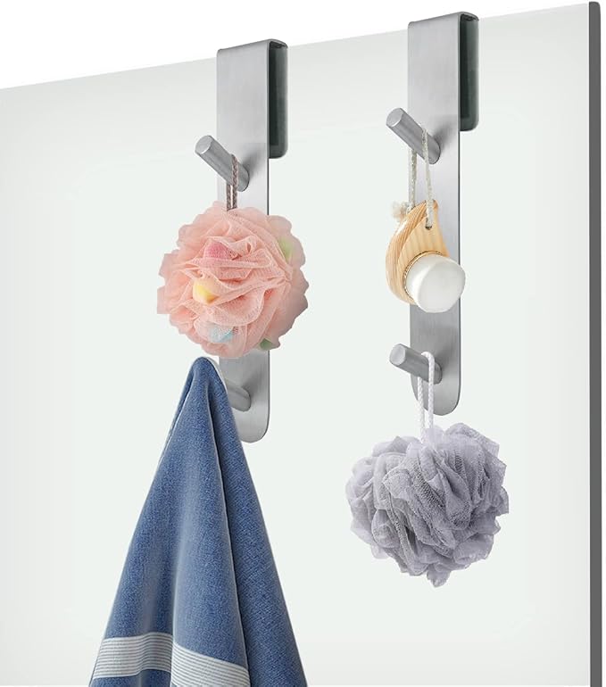 Shower Door Hook, Extended Length Frameless Shower Door Hook (7 Inches), Heavy-Duty Bathrobe Towel Stainless Steel Hook, No Drilling or Adhesive Required, 2-Pack, Silver