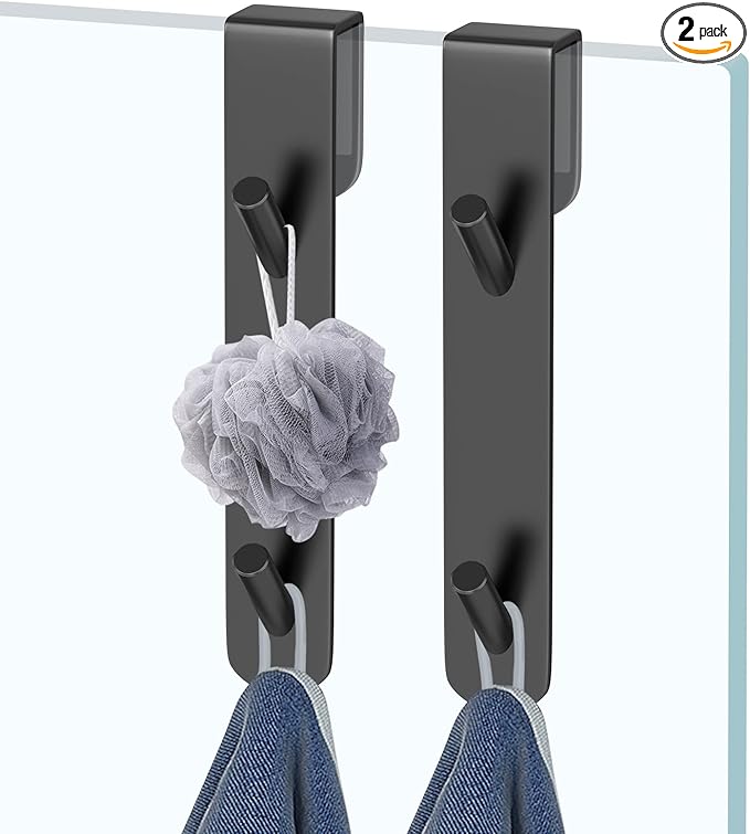 Shower Door Hook, Extended Length Frameless Shower Door Hook (7 Inch), Heavy-Duty Bathrobe Towel Stainless Steel Hook, No Drilling or Adhesive Required, 2-Pack, Black