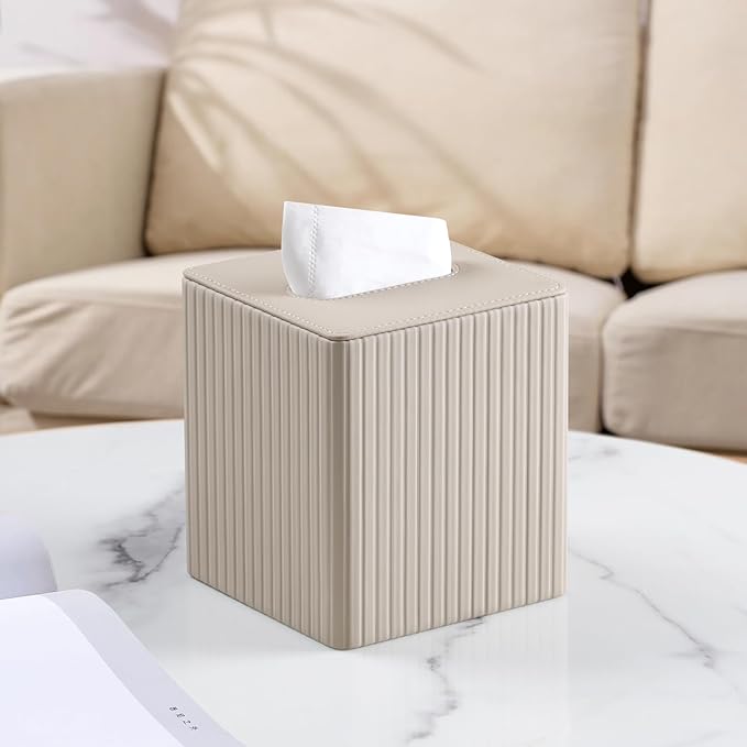 PU Leather Tissue Box Cover Square Tissue Box Holder with Magnetic Closure (Beige Stripe)