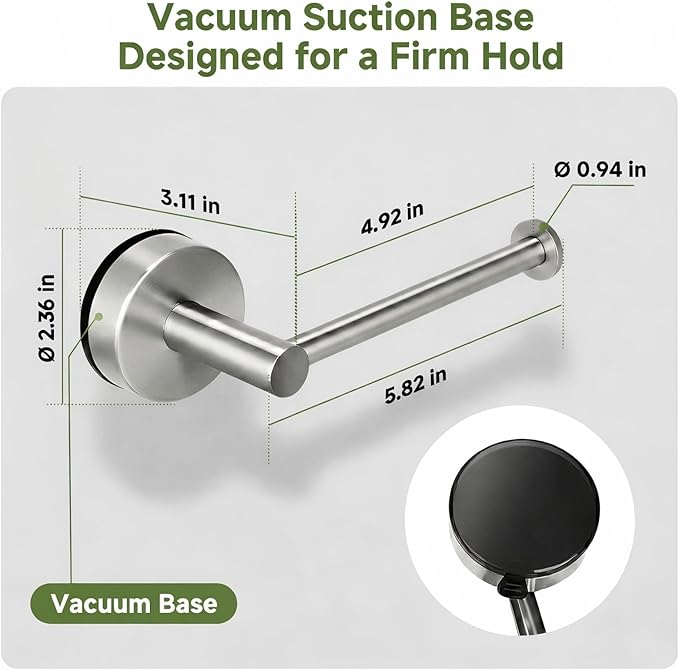 Stainless Steel Toilet Paper Holder with Suction Cup, No Drilling Wall Mounted Bathroom Tissue Roll Holder Brushed Nickel, Removable Vacuum Suction Base for Bathroom, Apartment, RV