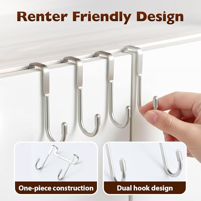 Over Door Towel Rack, Heavy Duty Door Hooks for Hanging, Stainless Steel Double Hanger for Kitchen Bathroom, Removable Wardrobe Door Hook for Dorm Room, Space Saving Cabinet Door Hanger (1PCS)