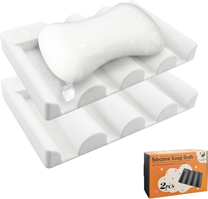 Silicone Soap Dish,Self Draining Soap Holder Perfect for Shower,Bathroom Sink,Kitchen Sink & Travel,Non-Slip Bar Soap Holder Extend Soap Life,Keep Soap Bars Dry Clean (White-2Pcs)