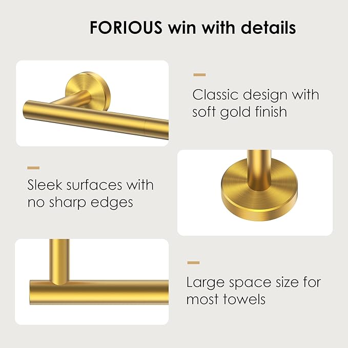 FORIOUS Towel Bar Wall Mounted, Stainless Steel Towel Racks for Bathroom, Includes Wall Mounting Hardware (Brushed Gold, 32 Inch)