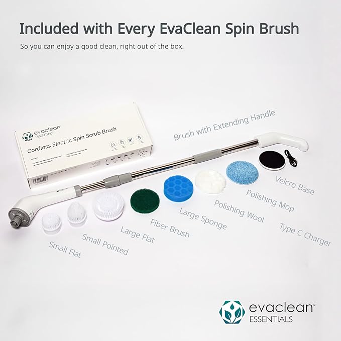 Evaclean Essentials Electric Spin Scrubber - Bathroom Cleaning Brush for Shower, Tub, Home, Up to 400rpm Power, Cordless, 90-Min Runtime, LED Indicator, 7 Brush Heads, 2 Speeds, Ergonomic Long Handle