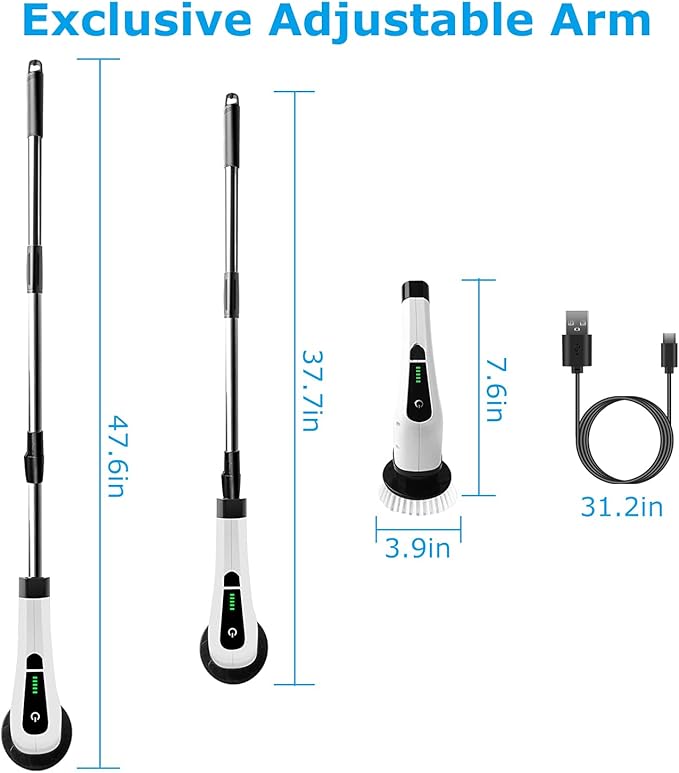 KOCASO Electric Spin Scrubber with 8 Replaceable Brush Heads Cordless Telescopic Electric Cleaning Brush Powerful 2 Speed Adjustable Extension for Bathroom,Kitchen, Floor,Tile, Car, White