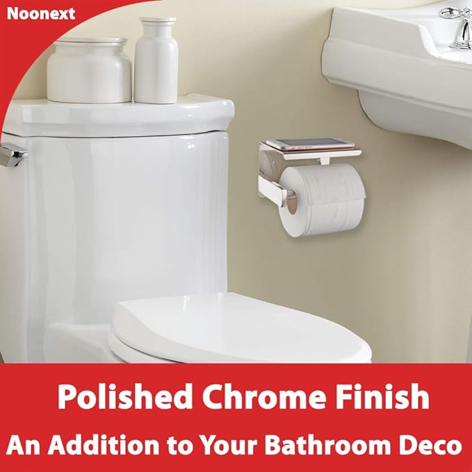 Noonext Toilet Paper Holder with Shelf Wall Mounted, Adhesive Toilet Paper Roll Holder, Stainless Steel Tissue Roll Dispenser Storage, Adhesive No Drilling Or Drilling with Screws (Polished Chrome)