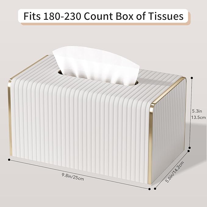 Extra Large Tissue Box Cover for Standard Size 180 to 230 Count Box of Tissues, PU Leather Rectangle Tissue Holder with Magnetic Closure， Gold-Tone Edging Decoration (Ivory)