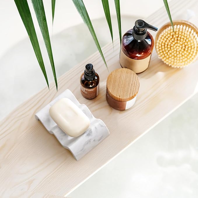 Luxspire Soap Dish, Marble Soap Dish, Self-draining Tray, Soap Holder Saver for Shower, Bathroom, Sink, Kitchen and Countertop, Gravel White, 2 Pack