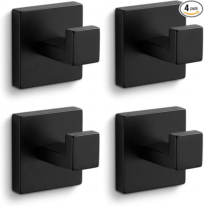 Matte Black Towel Hooks 4 Pack, SUS304 Stainless Steel Bathroom Robe Hook, Heavy Duty Modern Square Coat Holder, Rustproof, Anti-Rotation & Secure L-Shape Design