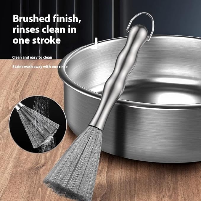 Stainless Steel Scrubber with Handle, Durable Metal Dish Brush for Kitchen Cleaning,One-Piece Molding Process, Hands-Free Cleaning, Suitable for Frying Pans, Plates, Bowls，Cast Iron Skillet