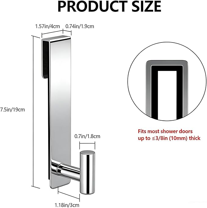 PMMASTO Shower Door Hooks, (7.5 Inch) Extended Towel Hooks for Bathroom Frameless Glass Shower Door, Stainless Steel Heavy Duty Hooks (Polished Silver, T Shape-Fits 3/8" Thick Door)