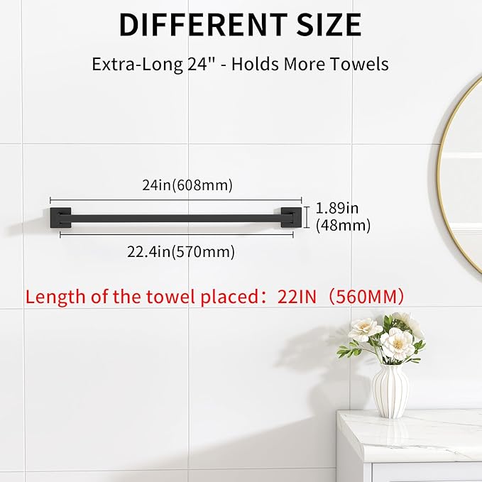MKO Towel Bar for Bathroom, 24" Hand Towel Holder Rod with Metal, Black Towel Racks for Bathroom Hanger Wall Mounted for Home Essentials, 2 Pack
