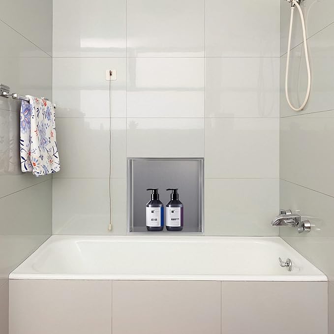 12.6"×12.6" Shower Niche Brushed Stainless Steel, Recessed Shower Caddy, Bathroom Shelf Insert Fits for 12.2" Square Wall Hole Installation (Nickel)