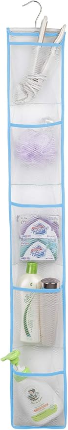 ALYER Narrow Mesh Fabric Shower Caddy Organizer with Hanger,Hanging Mesh Pockets for Shampoo, Conditioner, Soap and Body Wash (Blue)