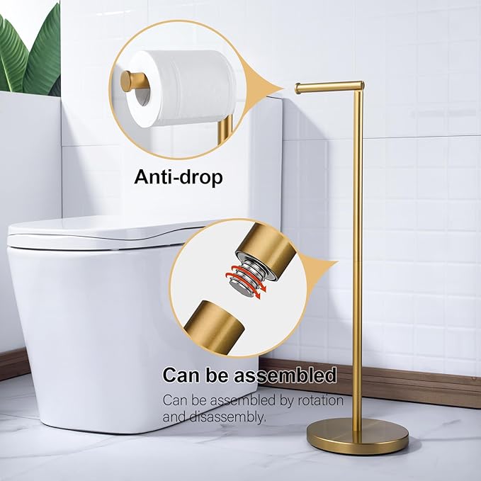 BAGNOLUX Bathroom Toilet Paper Holder Stand with Reserve, SUS304 Stainless Steel Rustproof Pedestal Tissue Roll Holder Heavy Duty (Brushed Brass)
