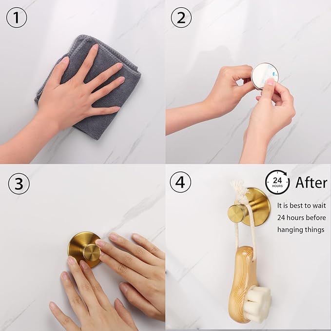 Bath Towel Hooks, 6 Pack Self Adhesive Coat Hooks, Sturdy No Drilling Robe Hook, SUS 304 Stainless Steel Heavy Duty Clothes Hanger, Wall Hooks for Bathroom Bedroom Kitchen (2 in, ‎Gold)