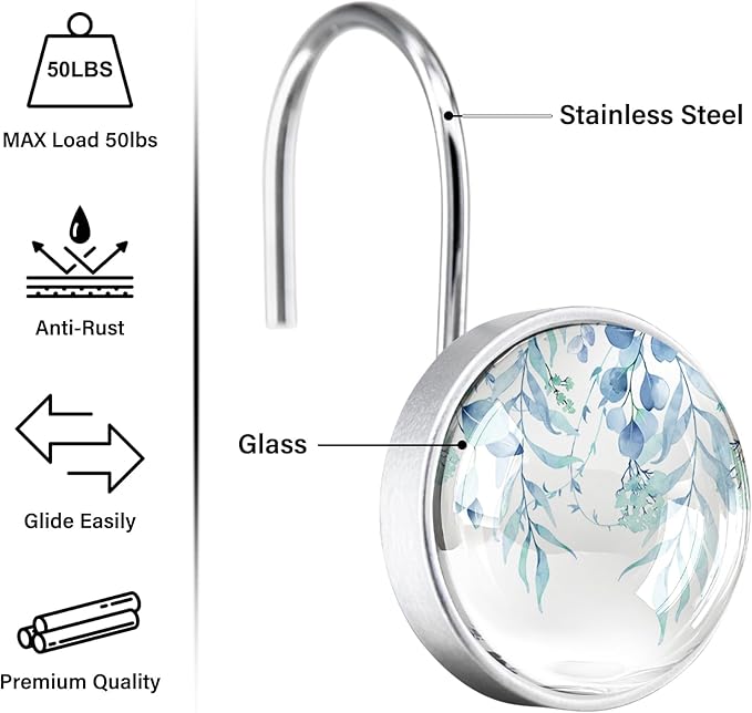 12 Pcs Spa Blue Eucalyptus Shower Curtain Hooks - Decorative Shower Curtain Hooks Rings Set - Farmhouse Stainless Steel Round Resin Shower Rings Hangers for Summer Bathroom Rods Decor