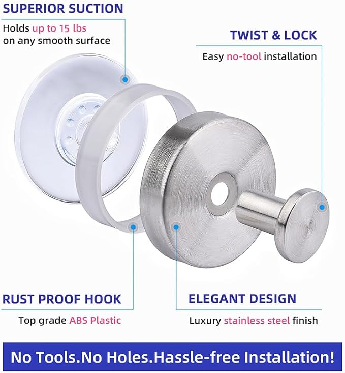 YEYSXSY Luxe Hold No Drill Hooks Stainless Steel Waterproof Suction Cup Hooks Towel Bath Robe Hooks for Bathrooms Silver 4 PCS