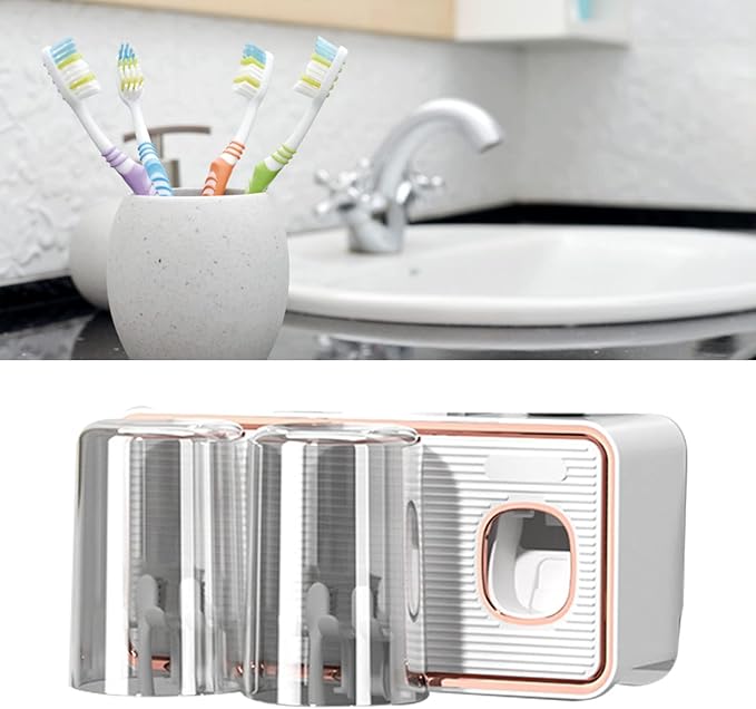 Toothbrush Holder with Toothpaste Dispenser, Wall Mounted Tooth Brush Organizer with 2 Brush Slots, Self Adhesive Toothbrush Holder for Shower (White)