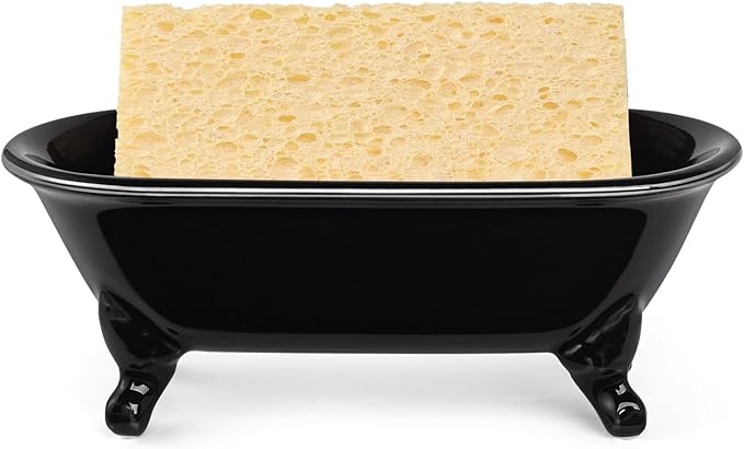 6.5" Ceramic Mini Decorative Clawfoot Bathtub Bar Soap Dish, Kitchen Sponge Holder and Shower Tray for Bathroom, 1 Pack (Black Silver Rim)