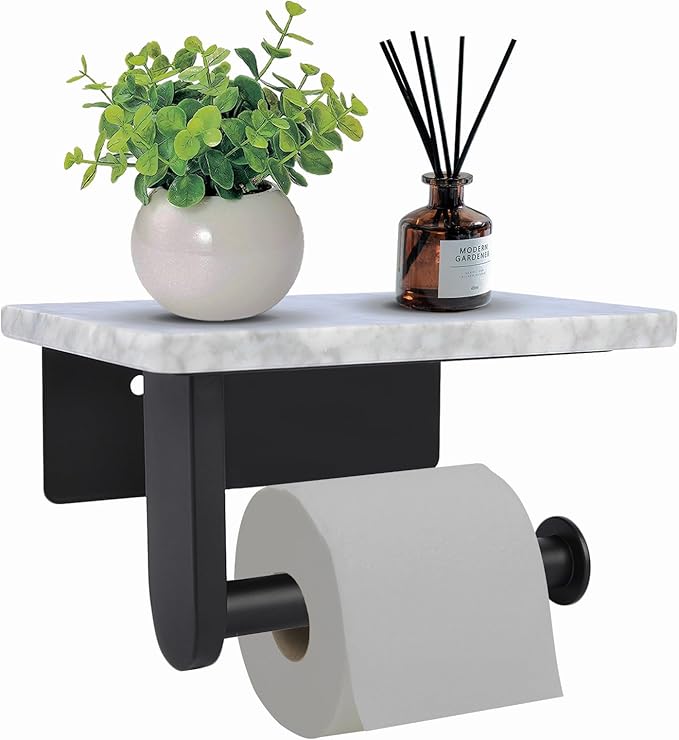 Toilet Paper Holder with Natural Marble Shelf for Bathroom Washroom,Wall Mounted Tissue Holder Suitable for Mega Roll (Small 6.7 * 4.3 in Matte Black)