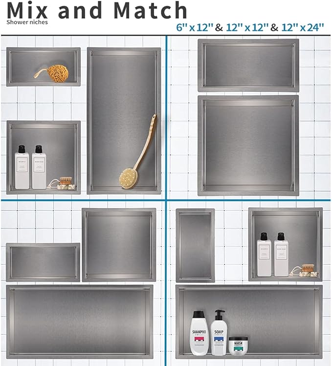 12"×12" Shower Niche Brushed Stainless Steel, Recessed Shower Caddy, Bathroom Shelf Insert Fits for 11"x11" Wall Hole Installation (Nickel)