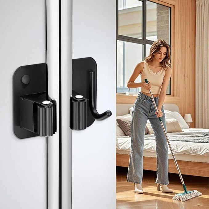 4-Pack Single Mop Holder with A Sturdy Hook. Non-Slip Broom Dustpan Rack, Wall Mount Stainless Steel Storage Hanger with Screws for Garage Bathroom Garden Kitchen, Matte Black.