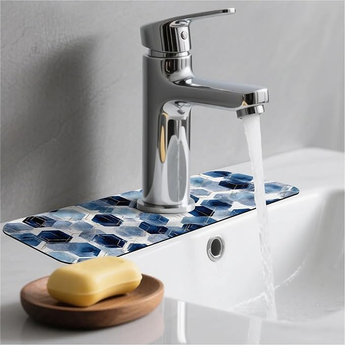 Kitchen Sink Splash Guard，Watercolor blue hexagon Faucet Mat Sink Gadgets-Super Absorbent Fast Drying Mat Drip Catcher for Kitchen, Bathroom,Sink Mat, Dish Drying Mat, Bathroom(15" X 5.5" )