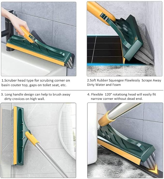 2 in 1 Cleaning Scrub Brush Grout Brush Scrape Floor Scrub Brush with Long Handle V-Shape Stiff Bristle Brush Scrubber with Squeegee 120°Rotating Magic Broom Brush for Cleaning Bathroom Glass Wall