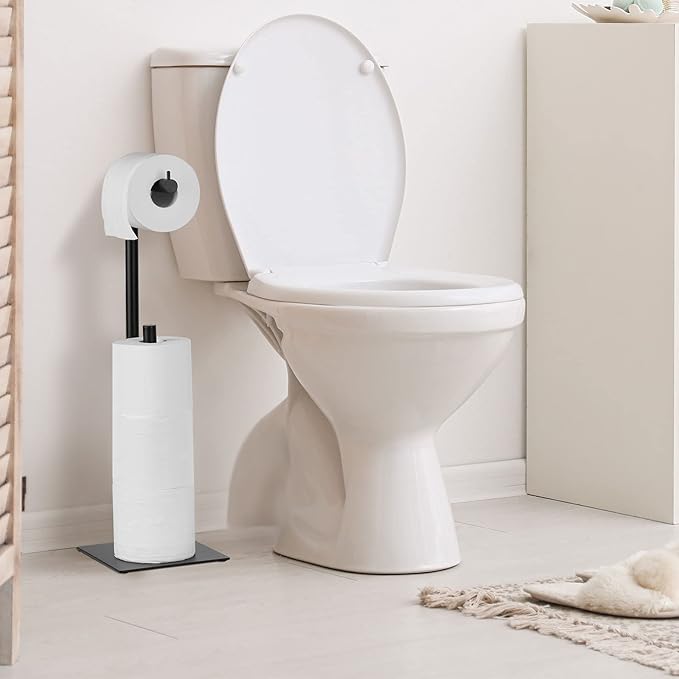 Black Toilet Paper Holder Stand, Bathroom Toilet Tissue Paper Roll Storage Free Standing Tissue Roll Holder Industrial Toilet Paper Dispenser for Farmhouse Washroom