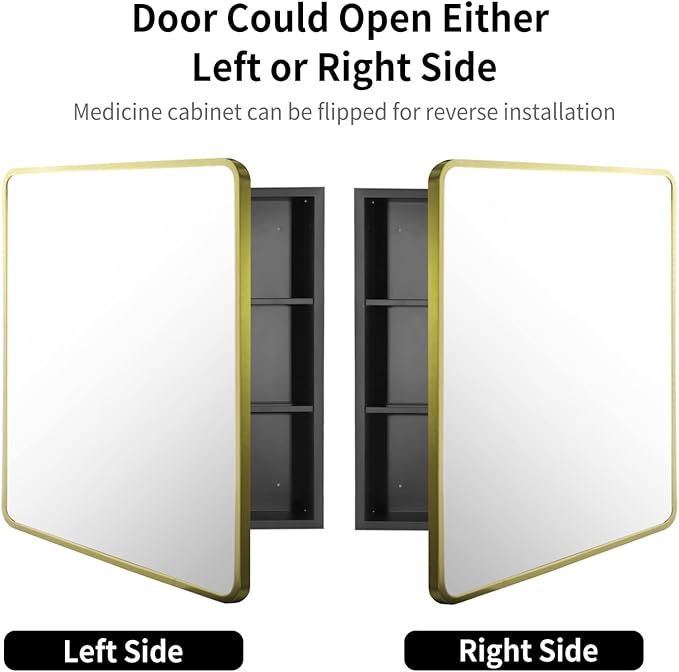 Movo Gold Metal Framed 24 Inch x 30 Inch Bathroom Medicine Cabinet with Mirror Aluminum Farmhouse Vanity Mirrors Recess or Surface Mount Installation