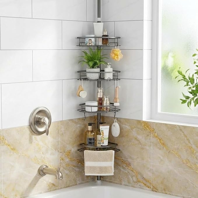 Corner Shower Caddy Tension Pole, Tension Rod Organizer, 4-Tier Adjustable Floor to Ceiling Shower Caddy 33-127inch, No Drilling Shower Shelf for Inside Shower (Gray)
