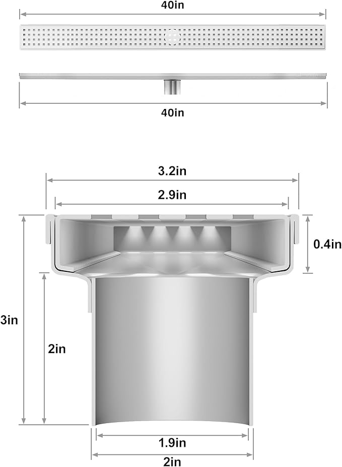 304 Stainless Steel Shower Drain, Removable Grate & Hair Catcher Bathroom Floor Drain with Waterproof Design for Tile Floor, CUPC Compliant (Punch, 40 Inch)