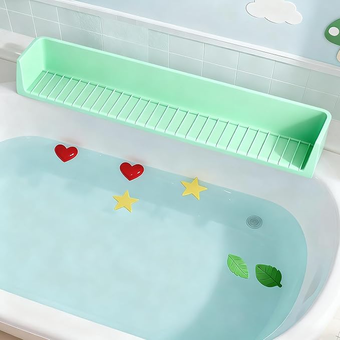 Bathtub Splash Guard for Tub Kids, Longer Silicone Water Splash Guard for Bathtub, Toy Holder Play Shelf for Bathtime，Silicone Tub Splash Guard Prevent Water Spills in Bathroom (Green)