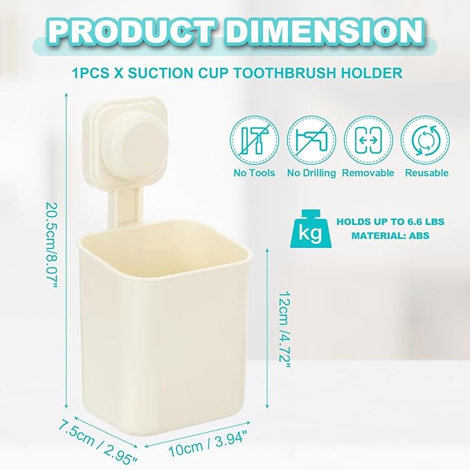 uxcell 1Pcs Suction Toothbrush Holder, 4" x 8" Wall Mounted Shower Caddy Organizer Cup for Tooth Brush, Toothpaste, Razors in Bathroom, Kitchen(Cream White)
