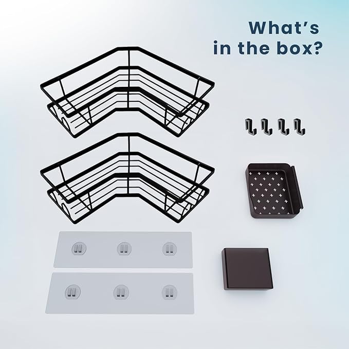 Sben Corner Adhesive Shower Caddy, 4 Pack, Organizer Shelves, No Drilling, Rustproof Material Storage Rack, 4 Extra Hooks, Toothpaste Holder and Soap Dish Holder for Bathroom (Black)