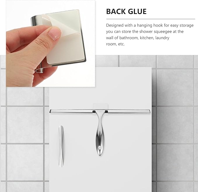 Stainless Steel Glass Squeegee with Adhesive Hook 14-inch Shower and Window Cleaning Tool for Bathroom, Car, Tile, and Glass Door Maintenance