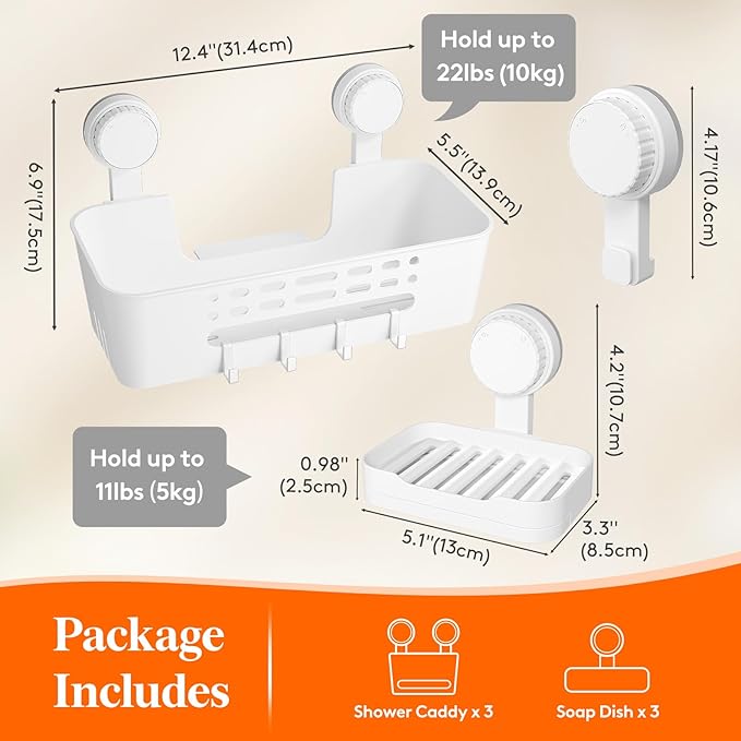 Lifewit Suction Cup Shower Caddy + Soap Dish, Removable Large Basket and Bar Soap Holder for Inside Shower, NO-Drilling Bathroom Kitchen Organizers, 31 x 17 x 14 cm/12 x 5 x 7 inch, Set of 3