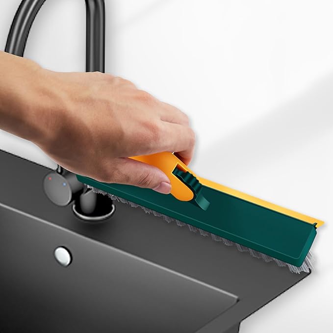 2 in 1 Floor Brush Scrubber with Long Handle Rotating Grout Brush Scrape V Shape Scrub Brush with Squeegee Deck Scrubber Brush for Deck Bathroom Kitchen (Yellow and Green)