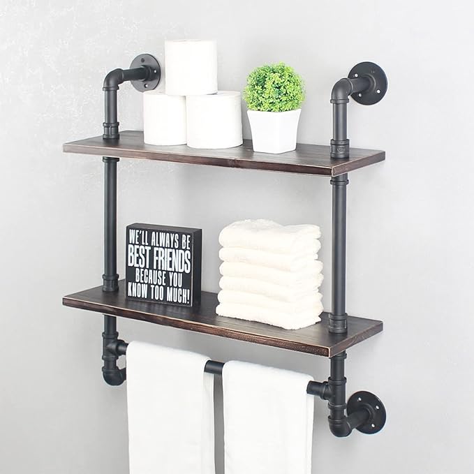 MBQQ Pipe Shelving,Iron Pipe Shelves Industrial Bathroom Shelves with Towel bar,24in Rustic Metal Pipe Floating Shelves Pipe Wall Shelf,2 Tier Industrial Shelf Wall Mounted,Retro Black