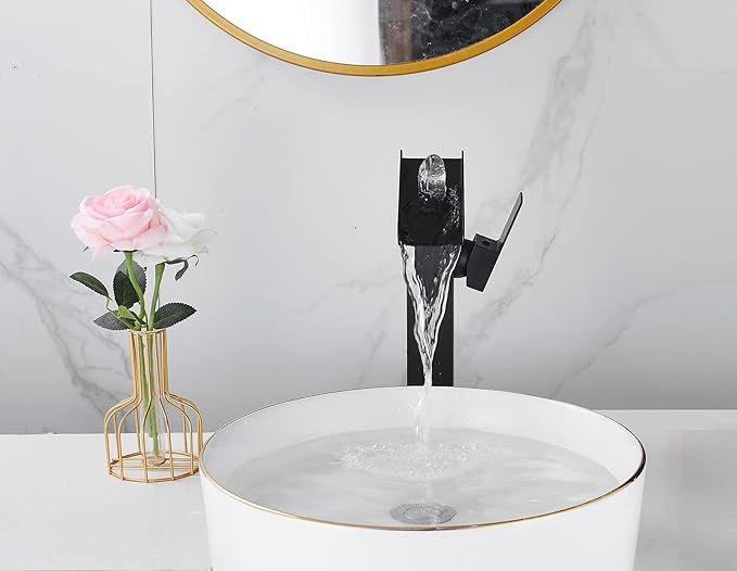 Waterfall Vessel Sink Faucet Bathroom Black Single Hole One Handle Brass Bowl Sink Faucets with Supply Line Deck Mounted Tall Lavatory Vanity Basin Tap Pedestal Commercial